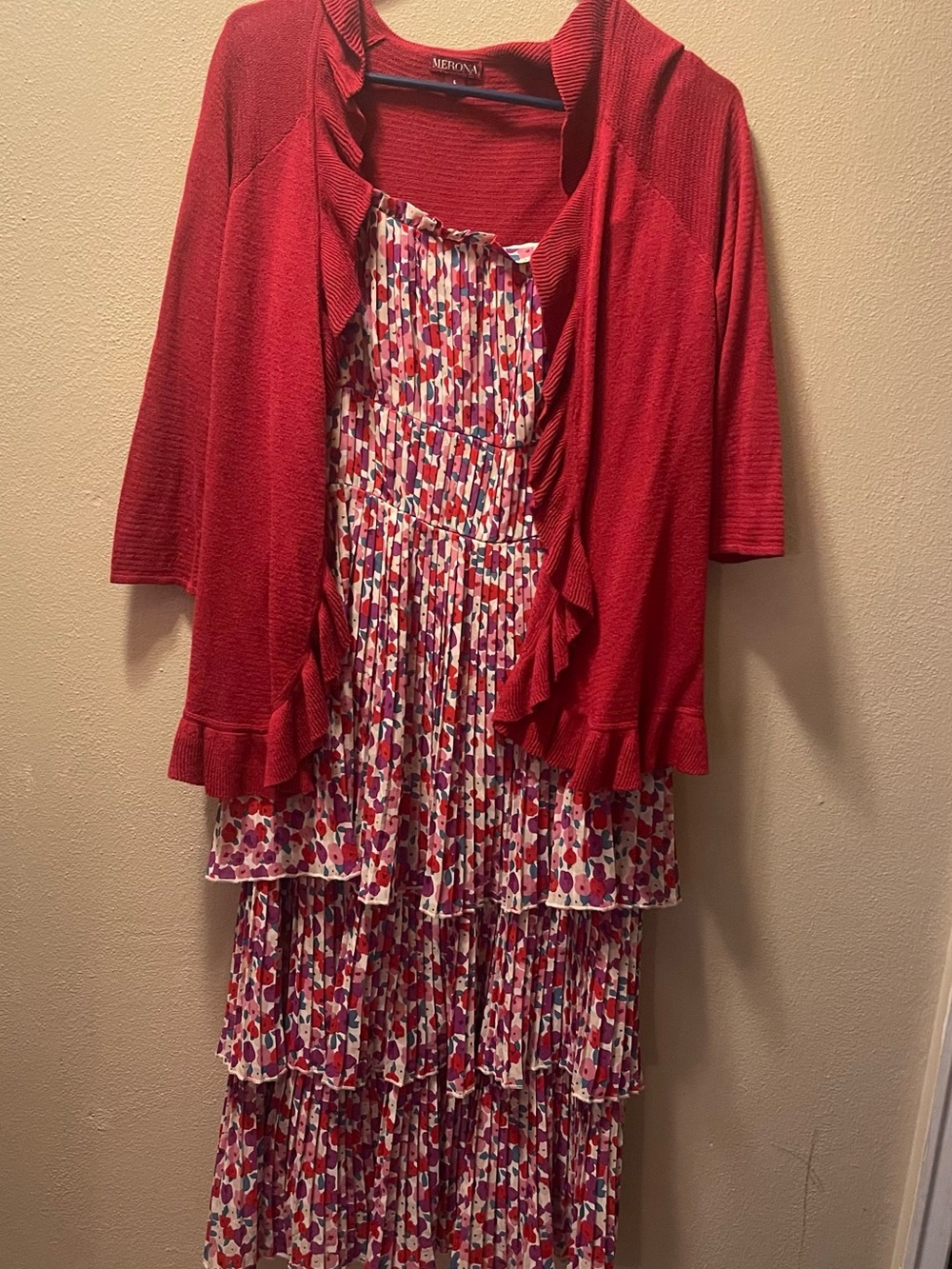 Lucy Paris Red Ruffle Cardigan with Multicolor Heart-Print Dress
